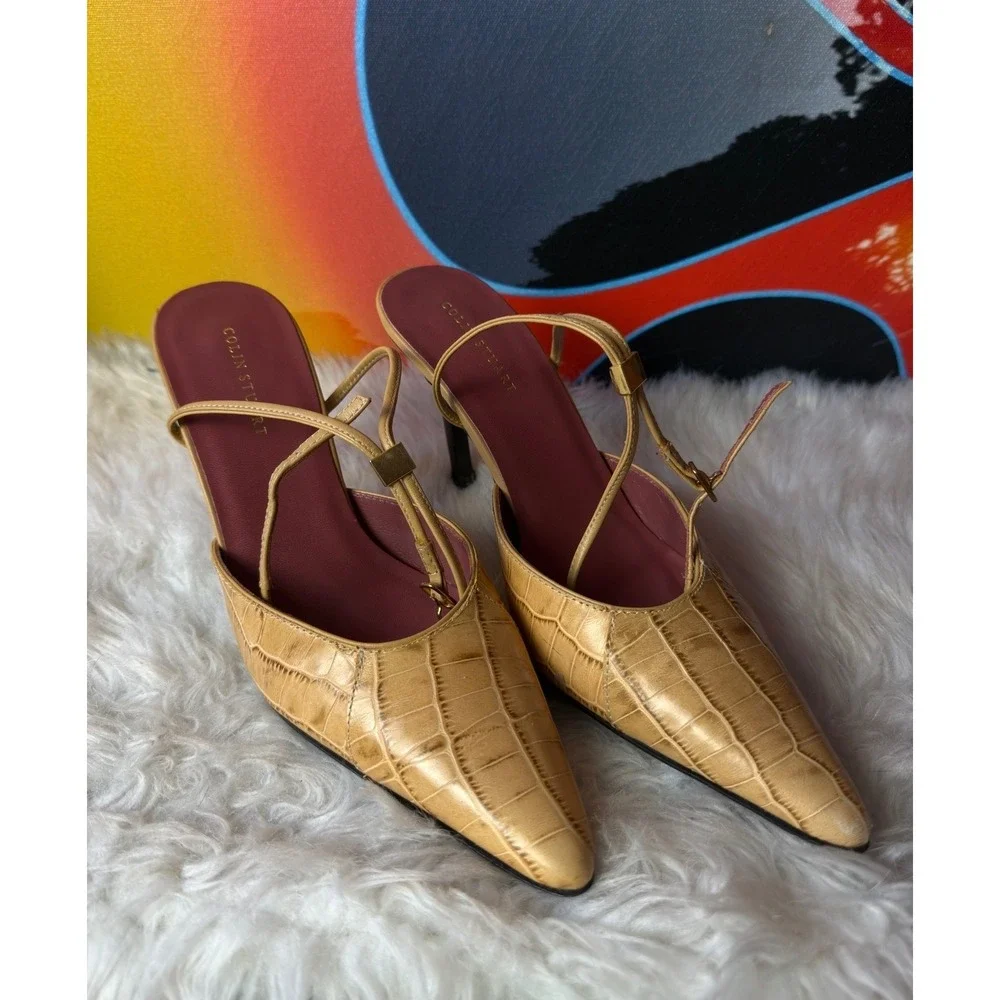 Colin‎ Stuart Tan Croc Embossed Leather Pointed Toe Ankle Wrap Heels Size 8